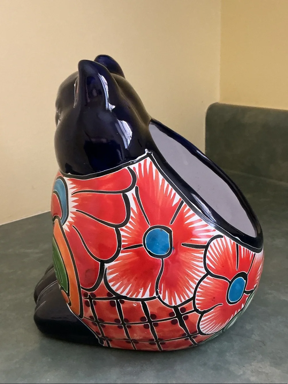 Hand-Painted Talavera Style Cat Figurine - Multicolor